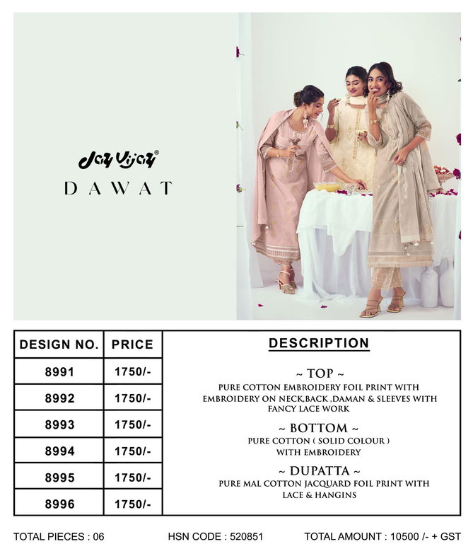 Dawat By Jay Vijay Digital Printed Embroidery Pure Cotton Salwar Suits Wholesale Market In Surat
